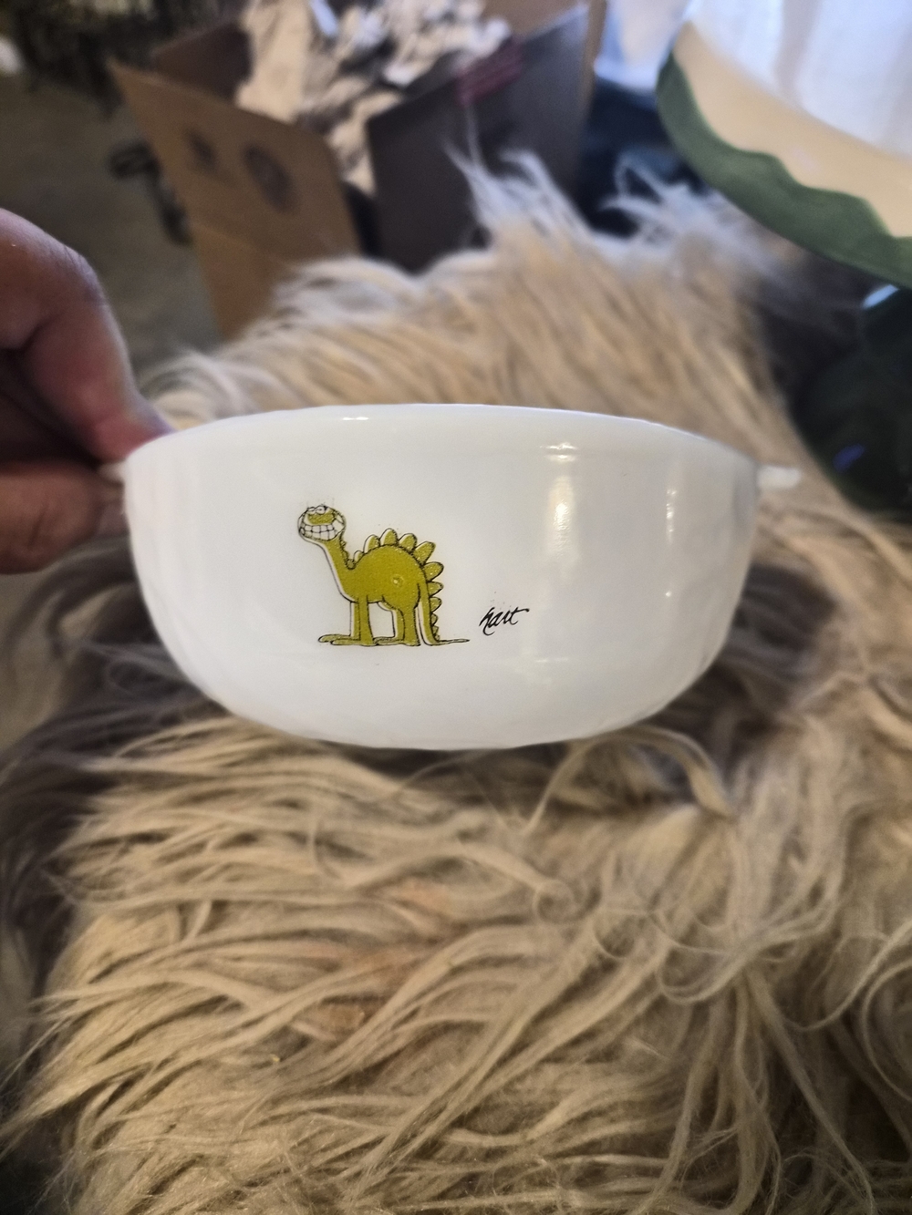 ​ Fire-King Milk Glass BC Comic Strip Bowl Johnny Hart Dinosaur Turtle Rare